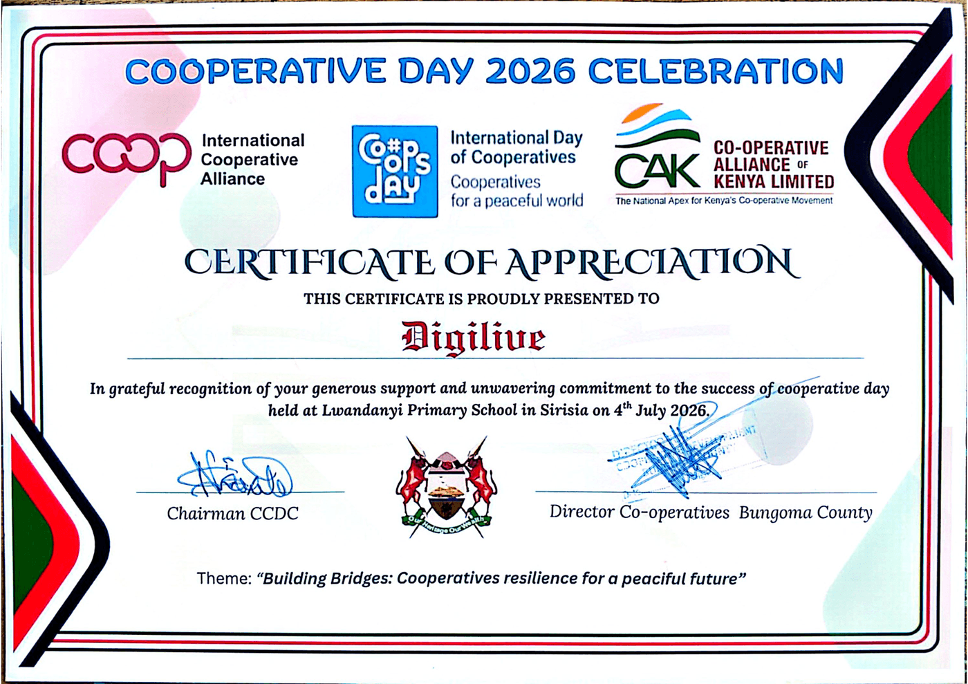 Digilive Solutions Certificate of Appreciation presented on Co-operative Day 2026 at Lwandanyi Primary School, Sirisia, signed by the Chairman of CCDC and the Director of Co-operatives, Bungoma County