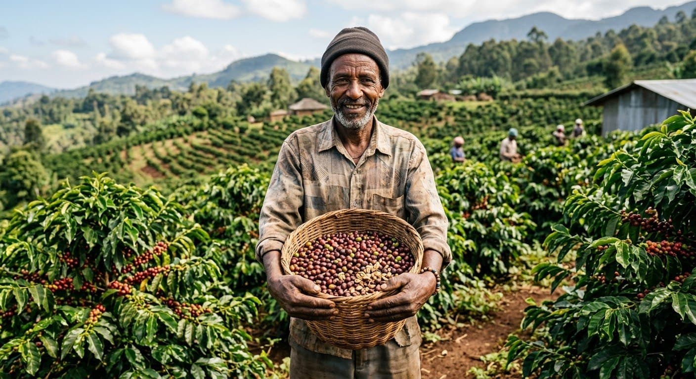 A Kenyan coffee farmer holding a basket of freshly picked coffee cherries in a plantation